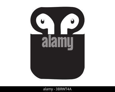 Black silhouette of wireless earbuds in charging case, isolated on white background, graphic illustration. concept of audio device, music accessory, p Stock Vector