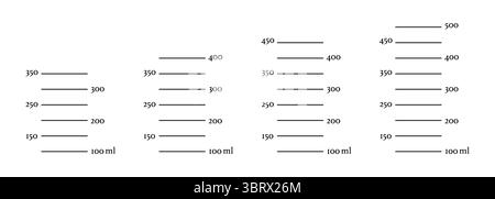 Set of scales 350, 400, 450, 500 ml liquid volume. Measuring milliliters cup, jug to preparing cooking. Graphic templates isolated on a white Stock Vector