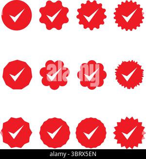 Collection of Red Checkmark Badge Icons with Diverse Geometric and Decorative Shapes for Use in UI Design, Stock Vector