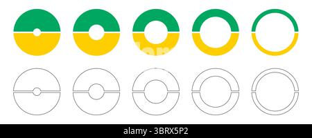 Donut charts, pies segmented on 2 equal parts. Set of infographic multicoloured diagrams. Wheels divided in two sections. Circle section graphs. Pie Stock Vector