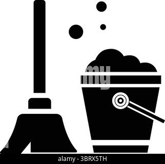 Mop and bucket icon in glyph style, cleaning brush glyph icon, linear, outline, graphic, illustration. Stock Vector