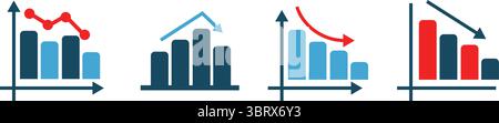 Bar chart icons. Growing chart with arrow. Business graph icons. Charts diagrams with down or up arrows. Vertical bar chart with different heights. Stock Vector