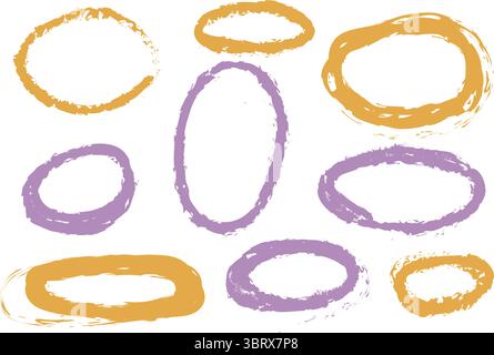 Oval highlight pastel color crayon shapes set with hand drawn sketchy rough ellipses, pencil and marker grunge textures, decorative accents for text. Stock Vector