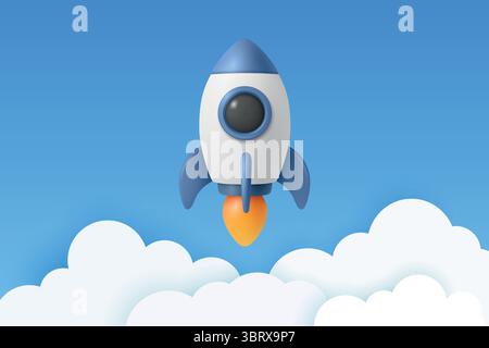 Vector 3d Blue and White Rocket Icon, Startup Launch Concept. Blue and White Spaceship, Vector Illustration. Modern Business Logo, Flying Spacecraft Stock Vector
