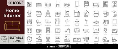 Home Interior Editable Line Icons Set for Furniture, Decoration, Renovation, and Modern Living Spaces Stock Vector