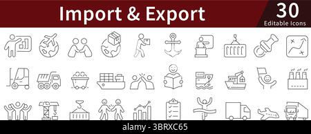 Import and Export Editable Line Icons Set for Global Trade, Shipping, and International Logistics Stock Vector