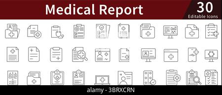Medical Report Line Icons: Health Records, Diagnosis and Patient Data Vectors Stock Vector
