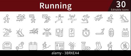Running and Jogging Editable Line Icons Set for Fitness and Sports Stock Vector