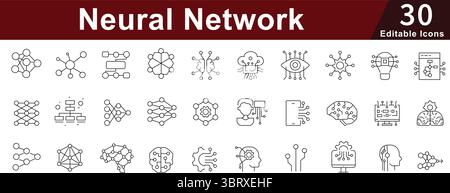 Neural Network Line Icons: Artificial Intelligence, Machine Learning and Brain Technology Stock Vector