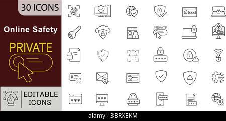 Online Safety and Privacy Editable Line Icons Set for Data Security Stock Vector