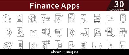 Finance Apps Editable Line Icons Set for Banking, Investment, Payment, and Financial Technology Stock Vector