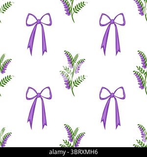 Seamless vector pattern featuring charming purple tufted vetch flowers and elegant bows, creating a delicate and romantic design ideal for various app Stock Vector