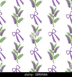 Seamless vector pattern featuring delicate purple tufted vetch blossoms and elegant bows, creating a charming and repetitive design ideal for various Stock Vector
