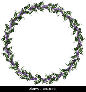 Elegant vector round frame design featuring a continuous pattern of hand-drawn tufted vetch flowers and leaves, ideal for invitations or decorative el Stock Vector