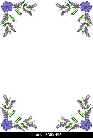 Elegant vector frame design featuring a delicate arrangement of purple tufted vetch flowers and green foliage, creating a sophisticated and nature-ins Stock Vector