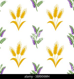 Seamless vector pattern featuring stylized golden wheat stalks and purple tufted vetch flowers on a white background, creating a rustic yet elegant de Stock Vector