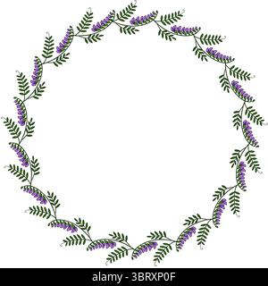 Elegant vector circular frame design featuring a delicate arrangement of purple tufted vetch flowers and green leaves, perfect for invitations, cards, Stock Vector