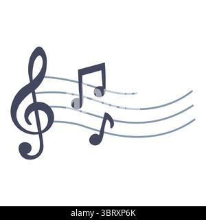 Vector image shows treble clef and two musical notes on a flowing staff line. Stock Vector