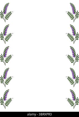 Elegant vector frame design featuring a repeating pattern of stylized purple tufted vetch flowers and green leaves, perfect for invitations or cards. Stock Vector
