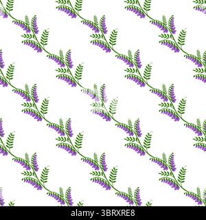 Seamless vector pattern of stylized tufted vetch flowers with vibrant purple blossoms and green foliage, arranged in a diagonal repeating design, idea Stock Vector