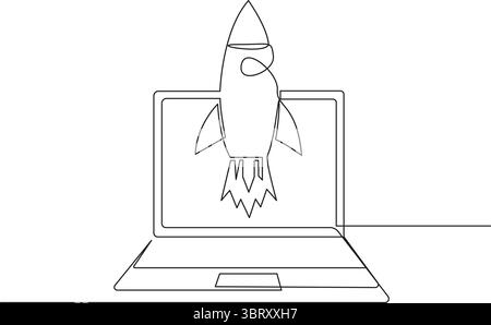 Continuous one line icon rocket launching from a laptop screen. Ideal for startup concepts, app launches, innovation, tech growth, digital marketing, Stock Vector