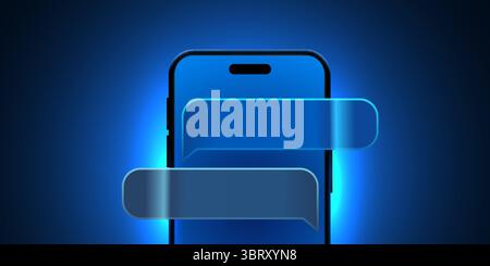 3d mobile phone screen on light glow background with chat bubbles glass notifications. Vector illustration Stock Vector