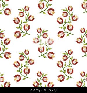 A seamless floral folk art vector pattern featuring red tulip-like flowers with yellow accents and green leaves on a white background. Stock Vector