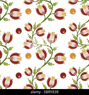 A seamless floral folk art vector pattern featuring red and yellow flowers with green leaves, interspersed with circular shapes in orange and brown on Stock Vector