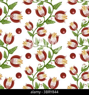 A seamless floral folk art vector pattern featuring stylized red flowers with yellow accents and green leaves, interspersed with circular red dots on Stock Vector
