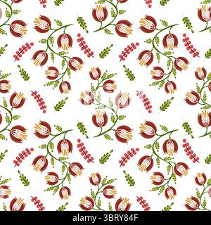A seamless floral folk art vector pattern featuring red tulips, green leaves, and clusters of berries on a white background. The design is vibrant and Stock Vector