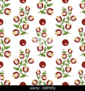 A seamless floral folk art vector pattern featuring red and orange flowers with green leaves on a white background, interspersed with red circles. Stock Vector