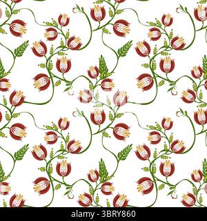 A seamless floral folk art vector pattern featuring stylized red and white flowers intertwined with green vines and leaves on a white background. Stock Vector