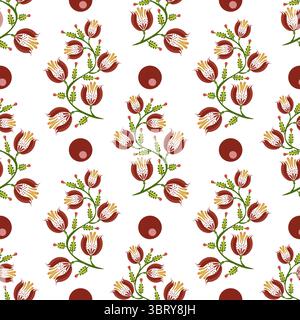 A seamless folk art vector pattern featuring stylized flowers and circular shapes on a white background. The flowers are predominantly red with green Stock Vector