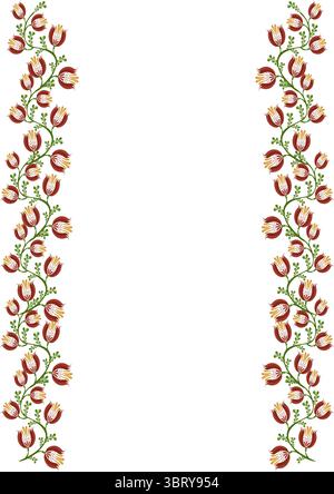 A decorative border featuring vibrant floral folk art vector patterns with red and yellow flowers intertwined with green leaves, set against a white b Stock Vector