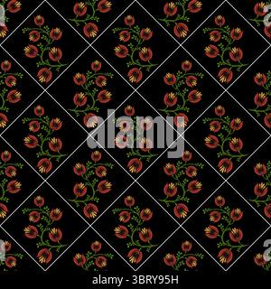A seamless floral folk art vector pattern featuring red and orange flowers with green leaves on a black background, arranged in a diamond grid layout. Stock Vector