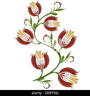 A decorative folk art vector floral design featuring stylized red and gold flowers with green stems and small berries. The arrangement is elegant and Stock Vector