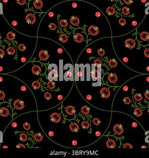 A seamless floral folk art vector pattern featuring stylized flowers and berries on a black background. The design includes circular motifs with vibra Stock Vector