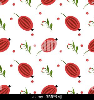 A seamless folk art vector pattern featuring stylized red watermelons and green leaves on a white background. The design includes small red dots and f Stock Vector