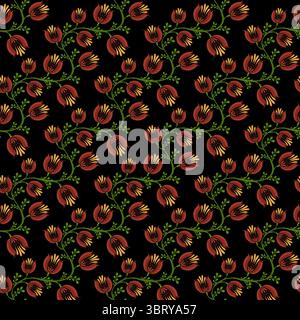 A seamless floral folk art vector pattern featuring vibrant red and yellow flowers with green leaves on a black background. The design is intricate an Stock Vector