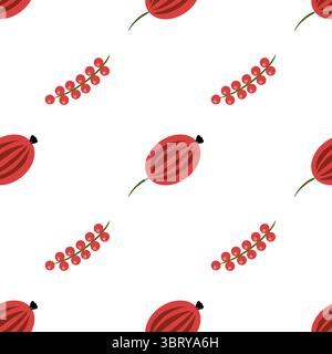 A seamless folk art vector pattern featuring stylized red watermelon slices and clusters of red berries on a white background. The design is playful a Stock Vector