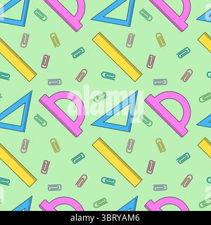 Seamless back to school pattern with ruler, protractor, triangle and paper clips. Vector illustration on green background. For school supplies or stat Stock Vector