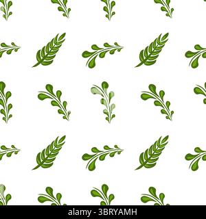 A seamless folk art vector pattern featuring various green leaf designs on a white background. The leaves are stylized with smooth curves and varying Stock Vector