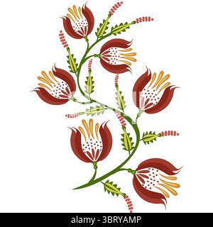 A decorative folk art vector floral design featuring stylized red flowers with yellow and white accents, intertwined with green leaves and small red b Stock Vector