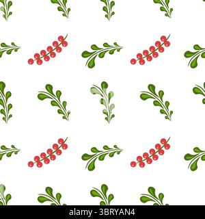 A seamless folk art vector pattern featuring green leaves and red berries on a white background, ideal for festive or seasonal designs. Stock Vector