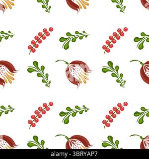 A seamless folk art vector pattern featuring stylized floral elements, including red berries, green leaves, and unique flower shapes in shades of red Stock Vector
