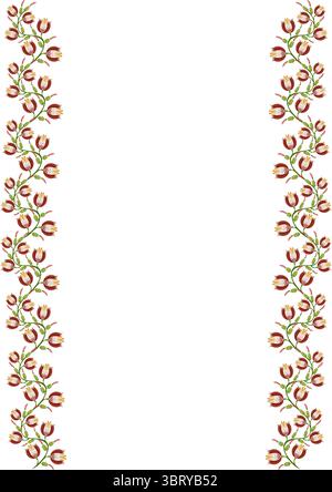 A decorative border featuring red tulip flowers and green leaves, arranged vertically on both sides of a white background, ideal for invitations or st Stock Vector