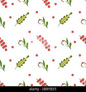A seamless folk art vector pattern featuring green leaves and red berries on a white background. The design includes various arrangements of leaves an Stock Vector