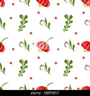 Cheerful seamless folk art vector pattern with red flowers, green leaves, red dots on white. Vibrant design for fabric or wallpaper Stock Vector