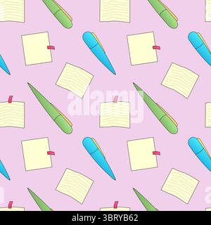 Seamless pattern with vector illustration of ballpoint pens and notepapers on pastel pink background. For back to school theme, school supplies or sta Stock Vector