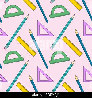 Seamless pattern with rulers, pencils, protractors, fountain pens and triangles on pink background. For back to school theme, school supplies or stati Stock Vector